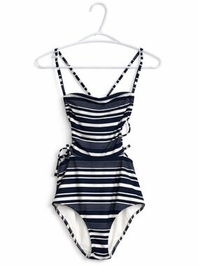 Aerie Navy Blue & White Striped One Piece Swimsuit w Lace Up Sides -Small *LONG*